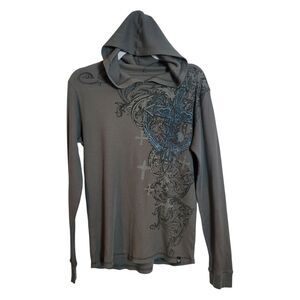 Sinister Men's Y2K Graphic Thermal Hooded Long Sleeve Shirt Gray 90's Size Small